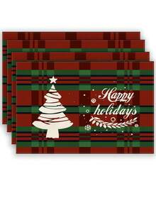 2pcs/4pcs/6pcs/8pcs Christmas Linen Placemats, Red Check Christmas Tree Pattern Placemats, 12*18 Inches Heat Resistant, Non-Slip And Washable, Suitable For Christmas Holiday Farmhouse Family Gatherings And Party Decoration Placemats