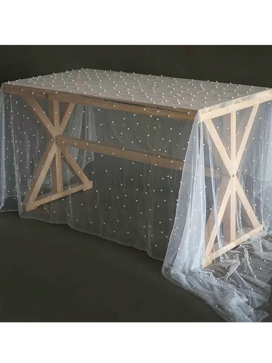 1 pieza de tela de tul con perlas, decoración de velo de boda, decoración colgante de pared para fiesta de boda, decoración de mantel