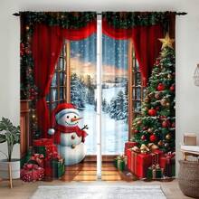 2 Stücke Vorhang mit Weihnachtsmann- und Weihnachtsbaum-Motiv - Polyesterstoff, halbtransparentes modernes Design, geeignet für Schlafzimmer und Wohnzimmer Dekoration, maschinenwaschbar