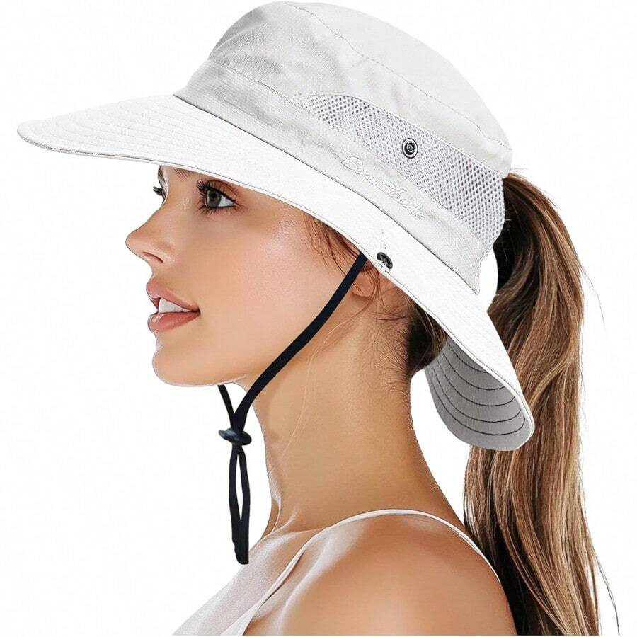 Versatile Sun HatPFFY Sun Bucket Hats For Women Men UV Protection Wide Brim Fishing Hat Beach Outdoor EssentialsS0007 - 米色(馬尾辮)-經典 - 查看 1