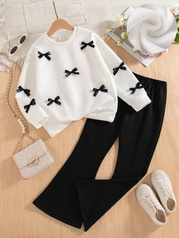 2 Stücke Mädchen Lässiges Set aus Fleece-Hoodie-Sweatshirt mit Schleifendekor am Rundhalsausschnitt und Oversized Passform sowie Hose, geeignet für Herbst und Winter