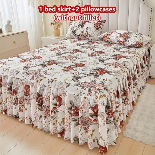 3pcs Skin-Friendly Soft Floral Print Bedding Set (1 Bed Skirt + 2 Pillowcases), Moisture-Wicking, Wrinkle-Resistant, All Season Use, Elegant Printing, Fashionable, Suitable For Bedroom And Hotel