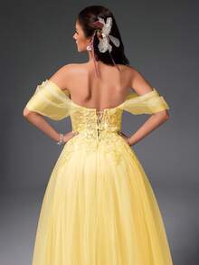 VIPGIRL Váy dạ hội trễ vai bằng vải tuyn màu vàng có đính vải, váy dạ hội chữ A hở vai, váy dạ hội công chúa cho nữ, tiệc tốt nghiệp, tiệc dạ hội, khách dự tiệc cưới - Màu vàng - Xem 9