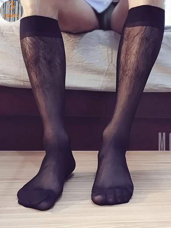 3 pares de calcetines profesionales para hombres para oficina y ocasiones formales - Medias transparentes ultradelgadas que llegan hasta la rodilla, estilo negro sencillo para negocios, adecuados para reuniones y fiestas - Esenciales para vestimenta formal, textura suave, estilo clásico