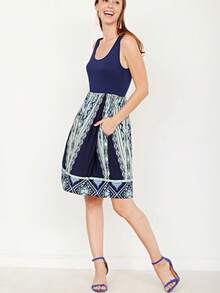 Vintage Boho Sleeveless Summer Mint Pink Color Block Shift Short Swing Aline Southern Dress | 1 XL - 3 XL Plus - Navy & Green - 查看 2