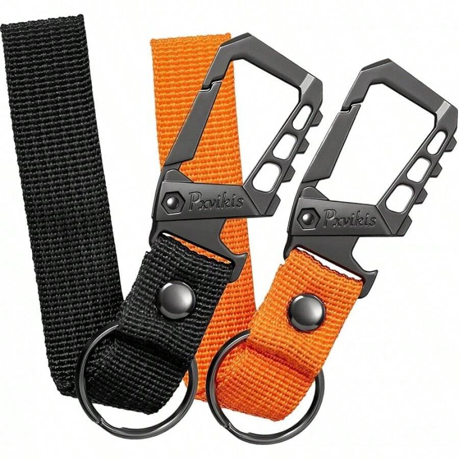 Llavero de metal resistente, clip de mosquetón, abridor de botellas, anillo de muñeca, llavero de coche unisex para hombres y mujeres - 2 unidades (negro + naranja) - Ver 1