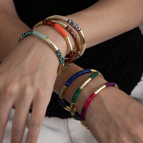 1pc Fashionable Leopard Print Bamboo Knot Bracelet, Metallic Vintage Elegant Versatile Accessory