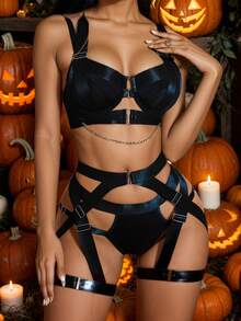 3-Piece Lingerie Set For Women, Strappy Lingerie Underwire Push Up Bra Garter Set Lingerie With Chain,Disfraces Sexy De Mujer For Wild Queen, Disfraz Halloween Mujer Bodysuits For Women ,Body Suit For Fetish Clubwear, Halloween Costumes For Women Pefect For Nightclub&Party&Romantic Night - màu đen - Xem 5