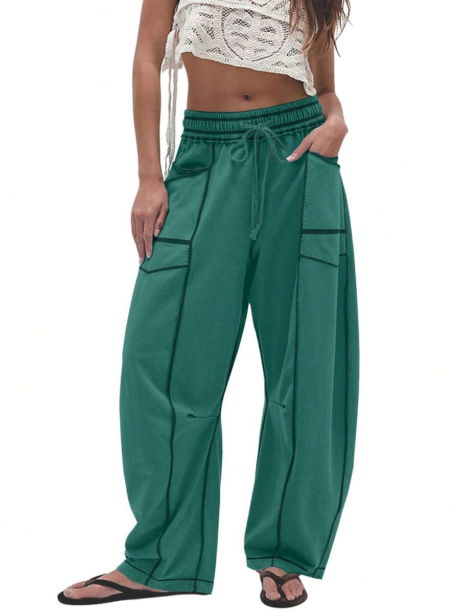 Women's Casual Cylinder Pants Wide Leg Casual Drawstring Sweatpants With Pockets - 綠色 - 查看 1