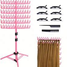 Hair Extension Holder Display Stand For Braiding - Adjustable Height Plastic Rack With 144 Pegs, Unscented Hair Divider Organizer For Salon Use(White/Pink)