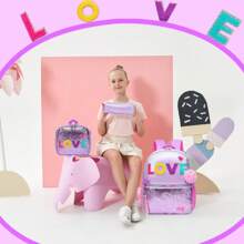 3 件套女童背包 猫咪/爱心图案 小学背包 带午餐袋和铅笔袋 返校 - 紫色 - 查看 4