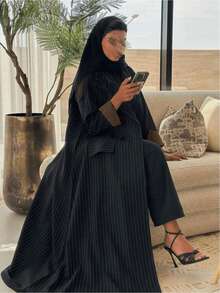 阿拉伯条纹拼布双排扣口袋长款西装外套 - 黑色 - 查看 3