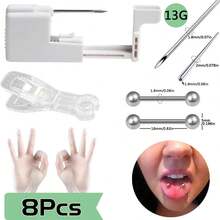 8 PCS Professional Body Piercing Kit For Belly Button/Lip/Tongue/Ear/Navel, Safe Piercing Gun Kits, Body Piercing Needle Tool Kits Stainless Steel For Women Men