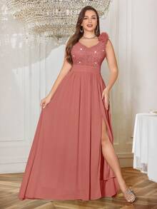 Plus Sequin Floral Lace Deep V-Neck 3D Flower Sleeveless Contrast Chiffon Split Thigh Ruched Hem Formal Party Maxi Dress, Homecoming Dress, Prom Wedding Guest Dress, For Graduation, Dinner, Formal Events - 藕粉色 - 查看 5