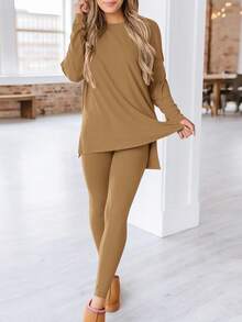 Women's Fall Two-Piece Casual Long-Sleeved Tunic Top And Leggings With Lounge Tracksuit - Màu Khaki - Xem 2