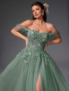 VIPGIRL 绿色露肩薄纱贴花舞会礼服，甜心A字开衩正式晚礼服，女士公主舞会礼服，适合毕业典礼、庆典、婚礼宾客 - 綠色 - 查看 1
