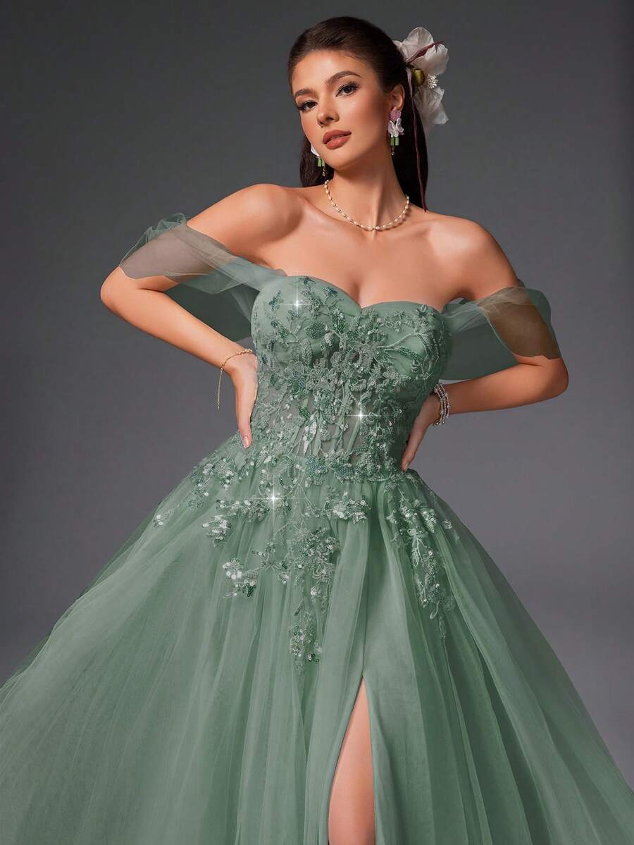 VIPGIRL 绿色露肩薄纱贴花舞会礼服，甜心A字开衩正式晚礼服，女士公主舞会礼服，适合毕业典礼、庆典、婚礼宾客 - 綠色 - 查看 1