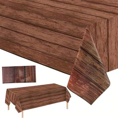 54*71英寸矩形棕色木纹塑料桌布，乡村田园风格桌布，复古农舍装饰，适合西部谷仓主题生日婚礼派对