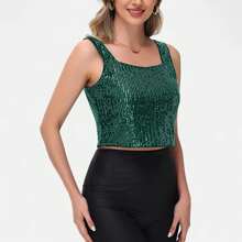 Women's Sequin Square Neck Tank Top With Sleeveless Design And Cropped Fit - Green - Green - View 3