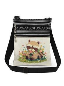 Cute Cartoon Raccoon Pattern Crossbody Bag, Unisex Reusable Shoulder Bag For Daily Casual Wear, Messenger Bag, Kawaii Animal & Colorful Floral Print Storage Bag, Portable Shoulder Bag, Party Gift For Raccoon Lovers - White - View 1