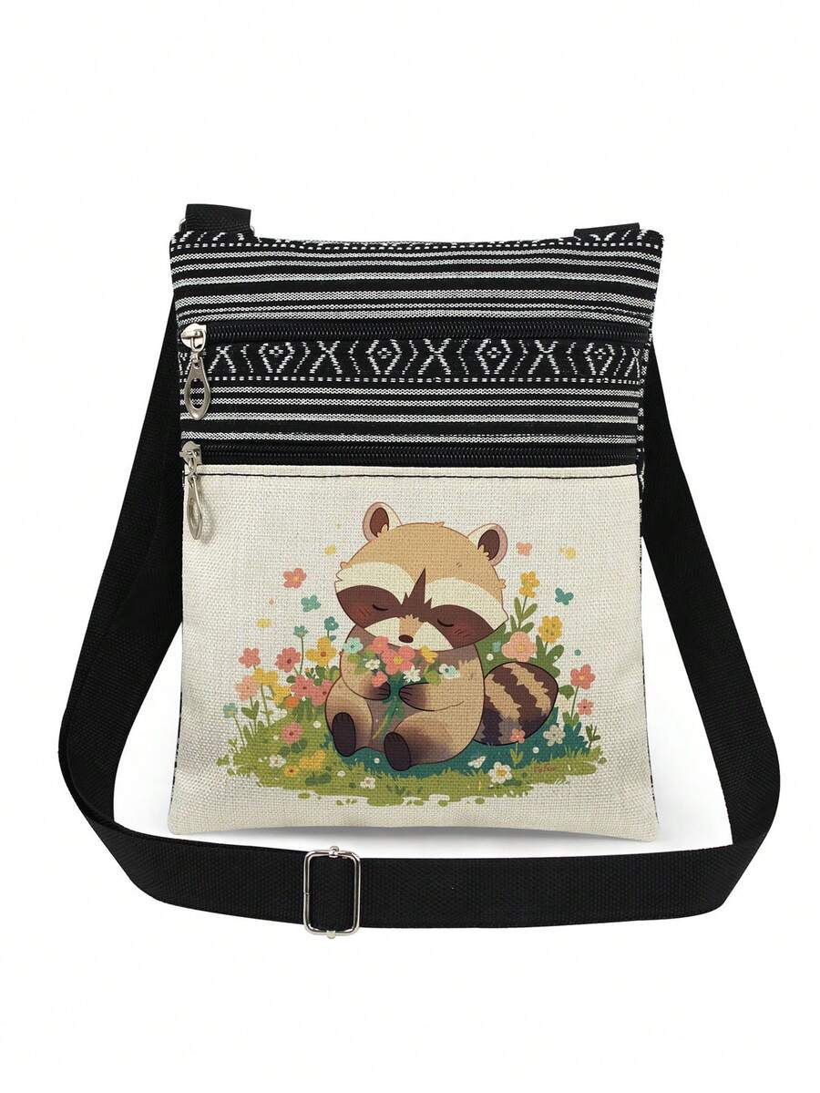 Cute Cartoon Raccoon Pattern Crossbody Bag, Unisex Reusable Shoulder Bag For Daily Casual Wear, Messenger Bag, Kawaii Animal & Colorful Floral Print Storage Bag, Portable Shoulder Bag, Party Gift For Raccoon Lovers - White - View 1