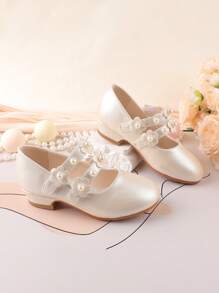 Flower Girl Shoes For Wedding, Party, Holiday, Suitable For Toddler, Little & Big Girls, Classic Comfortable Versatile White & Champagne Floral Pearl Embellished Dress Shoes, Formal Occasion, Recital, Ballet, Princess Style - Champagne - View 3