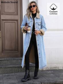Mobula Sound Fashionable And Casual Long Denim Jacket With Thermal Lined For Women, Suitable For Autumn/Winter - Navy Blue - View 4