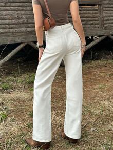 女士中腰直筒白色牛仔裤，休闲简约，修身剪裁，适合日常穿着、街头风和休闲外出。 - 白色 - 查看 4
