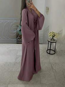 两件套优雅阿巴雅套装，长款开衫外套和连衣裙，春季优雅装扮 - 淺灰紫 - 查看 3