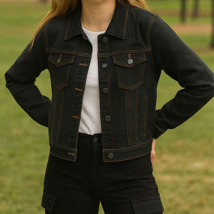 BELIME Chamarra  para Mujer  Liso    Casual    Mezclilla    Botón delantero  Bolsillo  Botón    Oversize   Diario  Formal y de noche  Vacaciones    Negra con Deslave  Managa Larga  65% Algodón