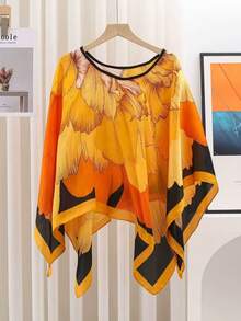 1pc Women's Summer Printed Batwing Sleeve Top Chiffon Poncho Casual Loose Sheer Blouse Shirt With Floral Printed Silk Scarf Boho Beach Cover Ups For Dress - Multicolor - View 23