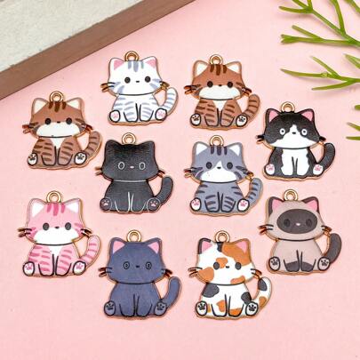 5/10 pezzi Ciondoli in lega multicolore a forma di gatto - Disegni adorabili, perfetti per gioielli fai-da-te, bracciali e portachiavi (Forniture per artigianato a tema guarigione).