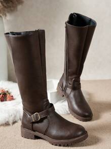 Fall/Winter 2025 Simple & Fashionable Women's Knee High Boots, Non-Slip, Comfortable, Versatile Buckle Decor, British Style, Plus Size - Brown - View 8