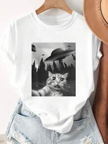 Women's Casual Round Neck T-Shirt, Tropical Skull Flamingo Print, Pure Cotton And Comfortable, Perfect As A Gift - 款式A(白) - 查看 1