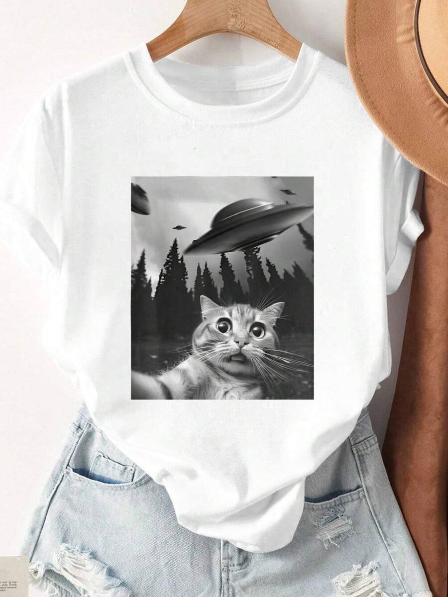 Women's Casual Round Neck T-Shirt, Tropical Skull Flamingo Print, Pure Cotton And Comfortable, Perfect As A Gift - 款式A(白) - 查看 1