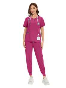 Women's Fashion Uniform Set, Includes Surgical Gown And Sweatpants, Suitable For Doctors, Nurses, And Spa Services - Hot Pink - View 5