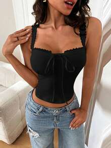 WOWDARK Women's Fashionable Sexy Lace Trim Camisole Top, Autumn - Black - View 5