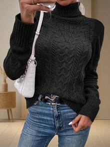 Women Turtleneck Long Sleeve Cable Knit Pullover Slim Fit Solid Sweater Tops - 黑色 - 查看 1