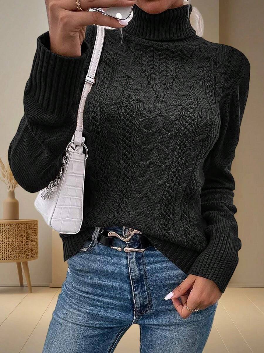 Women Turtleneck Long Sleeve Cable Knit Pullover Slim Fit Solid Sweater Tops - 黑色 - 查看 1