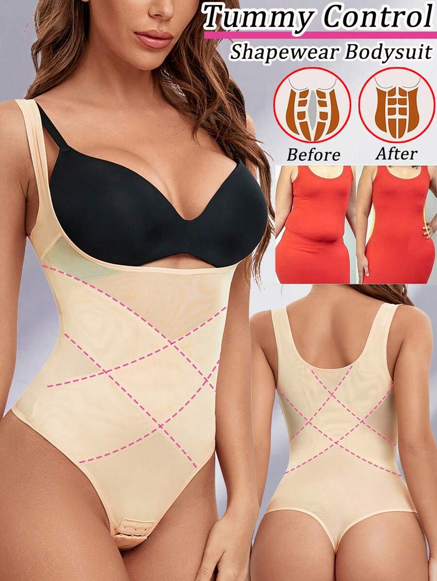Tummy Control Shapewear Thong Bodysuit For Women Abdomen Compression Underwear Undershirts Body Shaper Shaping Tank Top Under The Dress Girdle Corset - Beige - View 1