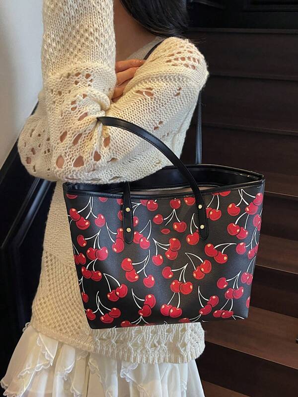 حقيبة كتف كبيرة السعة عصرية عالية الجودة متعددة الاستخدامات مطبوعة بنقشة الفاكهة، حقيبة كتف كاجوال مناسبة للعمل والخارج والتنقل والسفر