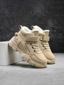 1 Paar Kinder Winter Plüsch gefütterte wasserdichte Schneestiefel, Lederoberfläche, Klettverschluss mit Buchstaben, rutschfest, verschleißfest Winterschuhe mit hohem Schaft, Jungen & Mädchen Winter Lässig Buchstaben Muster Klettverschluss Plüsch rutschfeste Schneestiefel