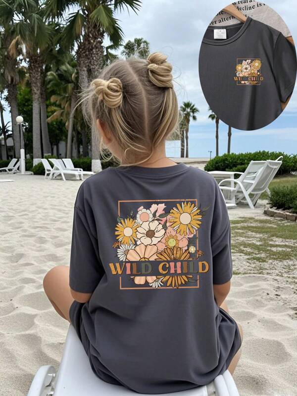 Young Girl Creative Floral & Slogan Print Short Sleeve T-Shirt