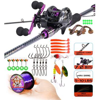 SOUGAYILANG Fishing Rod And Reel Combo,2- Section 1.8M Carbon Fiber Pole, Baitcasting Fishing Reel, Smooth Aluminum Spool, 7.2:1 High Spped Gear Ratio, With Nlon Fishing Line Fishing Lures And Accessories, Ambidextrous, Medium Power(The Specifications Of The Fishing Line And The Styles And Colors Of The Accessories Are Random)