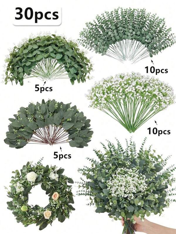 60Pcs 4 Kinds Babys Breath Mixed Eucalyptus Leaves Artificial Flowers For Wedding Vase Bouquet Floral Arrangement Decor Gifts Birthday Graduation, Eucalyptus Stem Artificial Eucalyptus Leaf Stem, Eucalyptus Stem Decoration Fake Green Stem Green Decoration Artificial Flower Bulk For Home And Office Use Artificial Flower Bouquet Center Piece Wedding Decoration Christmas Decoration