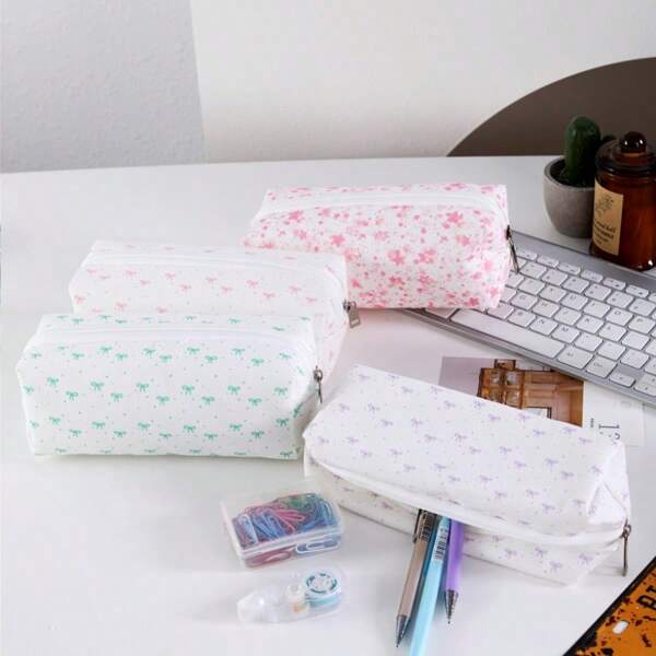 1 pieza Estuche de lápices creativo con lazo verde, organizador de papelería con estampado de estrella rosa, bolsa de cosméticos