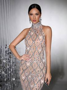 Novo Vestido Longo Feminino de Luxo com Lantejoulas Cintilantes, Aplicação de Diamantes e Tela Transparente, Gola Alta, Sem Manga, Modelagem Emagrecedora de Quadris, Vestido Longo Sexy com Decote Nas Costas, Cauda Longa, Vestido de Dama de Honra, Vestido de Festa de Casamento e Banquete Formal Feminino