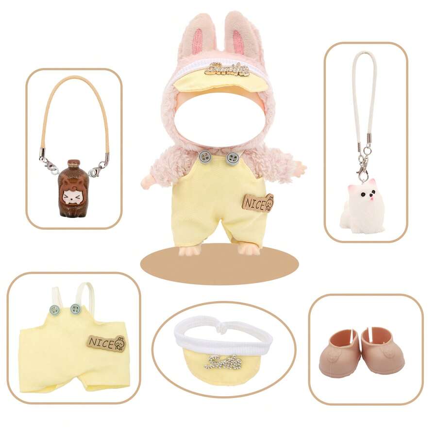 Latzhose, Hutset mit Wasserflasche Anhänger, Hund Anhänger, Schuhe (ohne Plüschpuppe, nur Kleidung und Accessoires)