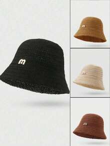 1pc Women Summer Knitted Hollow Bucket Hat, Fisherman Sun Hat With Letter Pattern, Suitable For Summer Outdoor, Random Style - MZ1572 - View 1