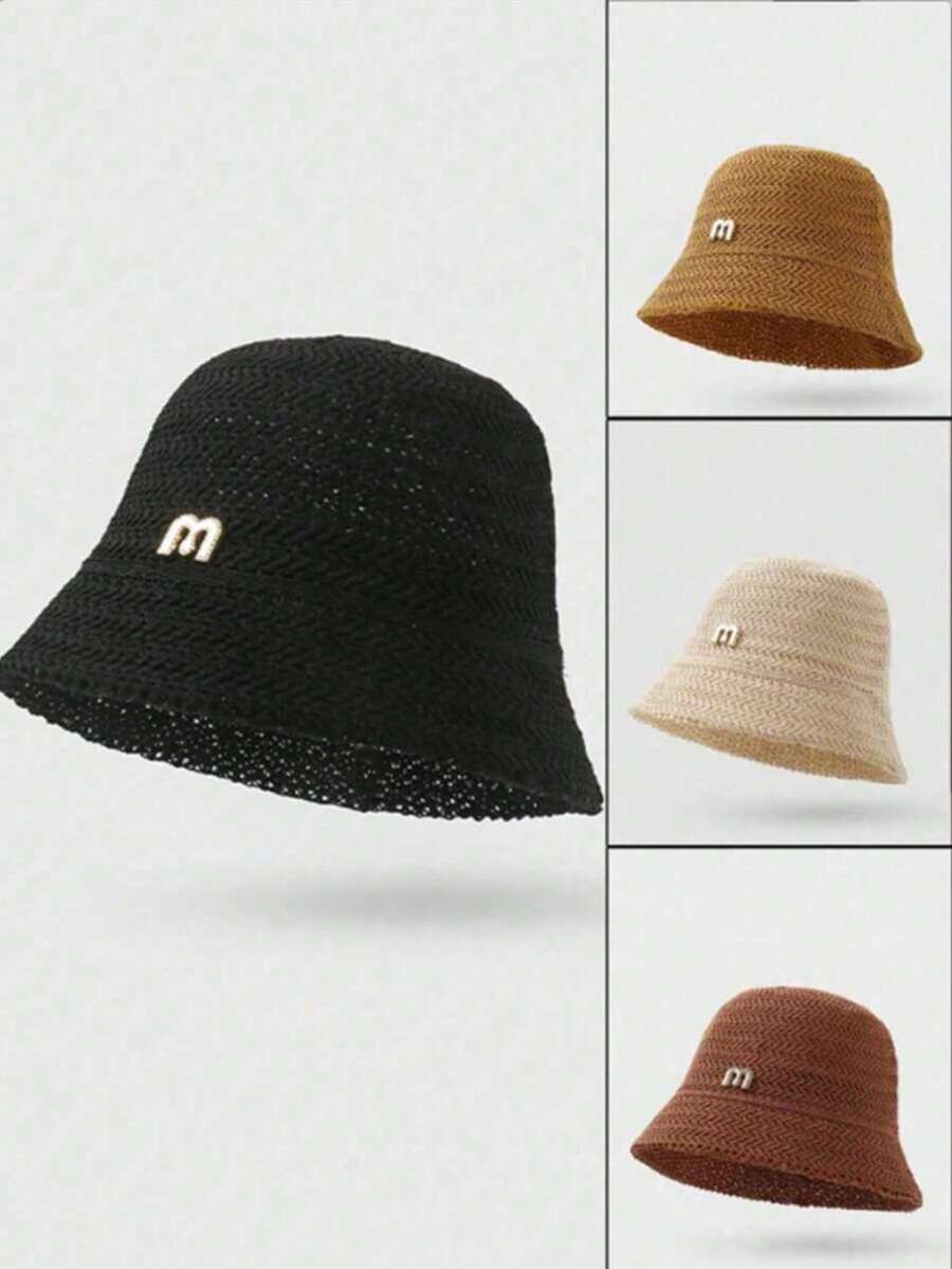 1pc Women Summer Knitted Hollow Bucket Hat, Fisherman Sun Hat With Letter Pattern, Suitable For Summer Outdoor, Random Style - MZ1572 - View 1
